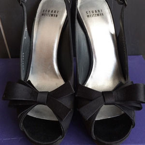 Vintage Stuart Weitzman Tarot black Satin Shoes Peeptoe Slingbacks